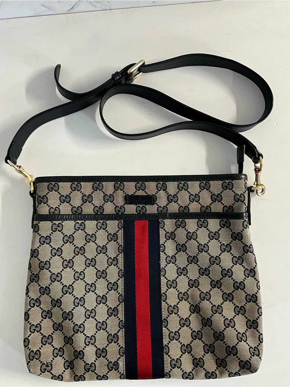 Gucci GG Supreme Canvas Web Stripe Flat Messenger Crossbody Bag